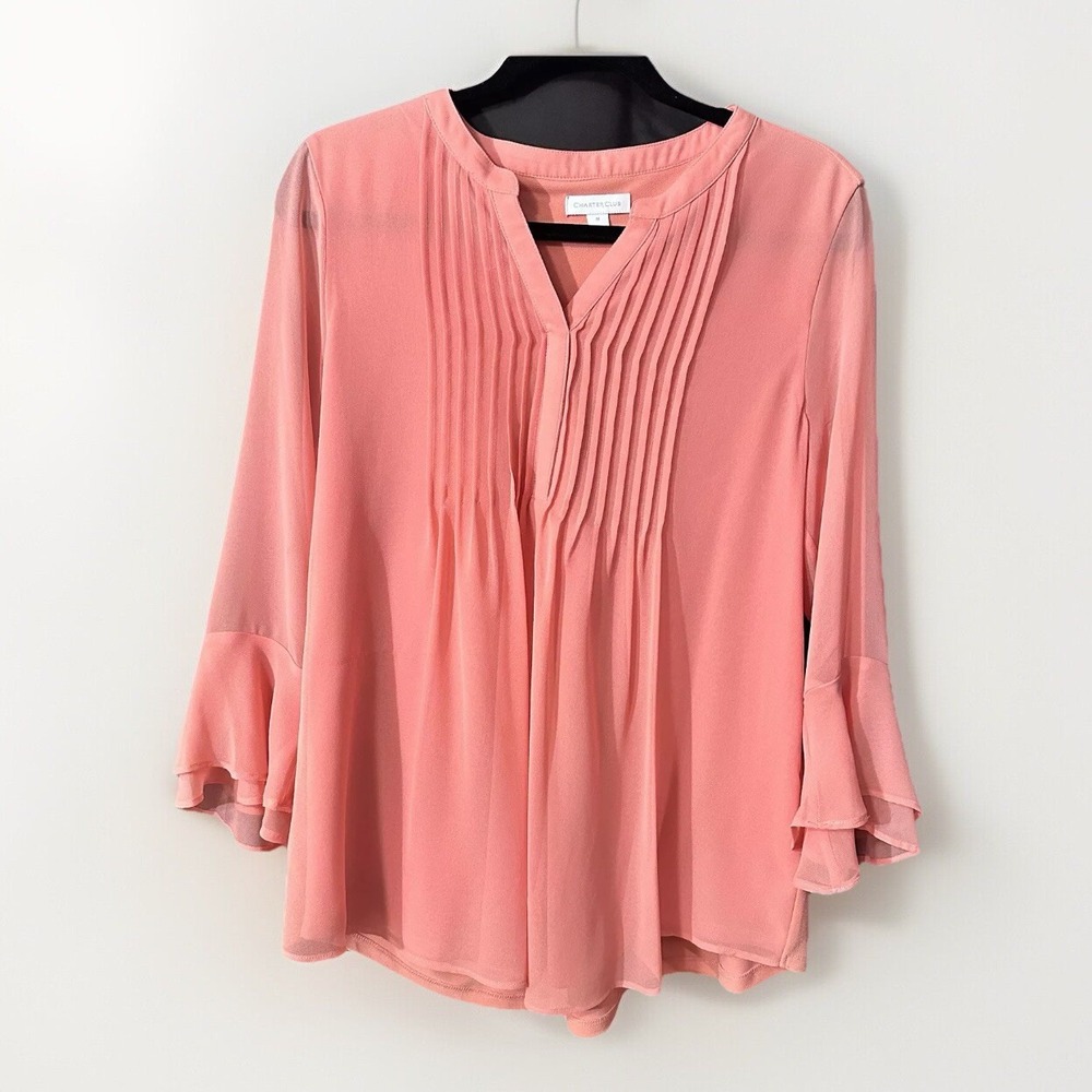 Charter Club Women's Medium Sheer 3/4 Sleeve‎ Pleated Coral Ruffle Blouse